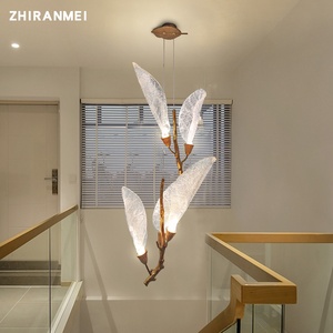 All-copper <b>Light</b> Luxury Living Room High-ceiling Villa Duplex Building Large <b>Leaf</b> Resin Crystal Chandelier Staircase Lamp - Product Image 3