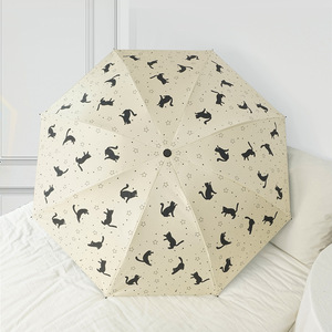 Parapluie compact design chat dessin animé 21 pouces, imperméable, protection UV, 3 plis automatique pour soleil et pluie - Product Image 4