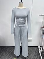 Ensemble 2 pièces décontracté et respirant pour femme : haut à manches longues et dos en U, pantalon large à cordon de serrage