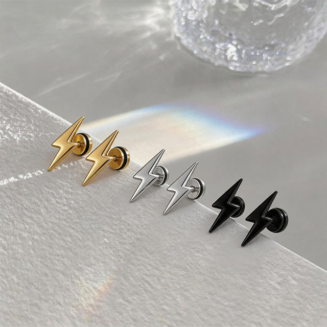 Flash Lightning Bolt Stud Earrings 316L Surgical Steel Gold PVD Sharp Weather Symbol Cartilage Helix Piercing Ear Studs Gift