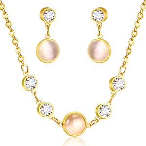 Ensemble de bijoux élégant pour femmes, collier et boucles d'oreilles en acier inoxydable plaqué or 18 carats avec opale brillante et diamants, magnifique - Product Image 1