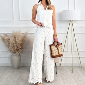 Summer French Heavy Embroidery Hollow V-neck Vest Top Wide-leg Straight <b>Pants</b> Women's 2-piece Set Fashion - Product Image 6