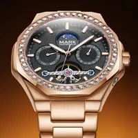 Mark Fairwhale Automatische Mechanische Herrenuhr mit Metallarmband, Wasserdicht, Leuchtend, Skelett-Zifferblatt, Business-Dress-Uhr FW-6740