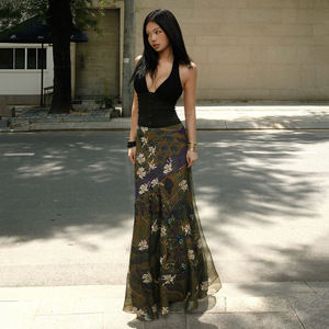 Women Retro Print <b>Mesh</b> Midi <b>Skirt</b> Double Layer A Line <b>Skirt</b> High Waist Casual Summer Fashion <b>Skirt</b> - Product Image 2