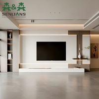 Meuble mural moderne crème avec étagères rétroéclairées, accents en grain de bois et base flottante