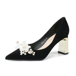 7777L-003 Escarpins de mariée en daim à bout pointu, talon carré, talon haut, décoration florale, chaussures de mariage confortables - Product Image 5