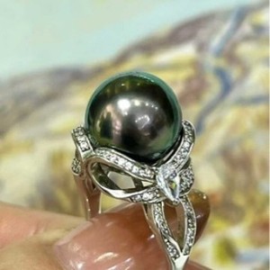 <b>Peacock</b> Green Tahitian Black Ring Simple Silver Holder S92512-13mm Rose Gold Inlay for Fashionable Daily Commuting Date Party - Product Image 3