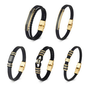 Bracelet pour homme en acier inoxydable 316l personnalisé, gravé, plaqué or 14k 18k, bracelet en cuir tressé multi-couches tendance pour homme - Product Image 1