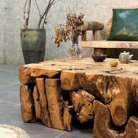 Table Basse en Bois de Camphre Sculpté Style Wabi Sabi, Naturel et Créatif, pour Salon, Villa, Hôtel, Balcon