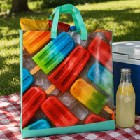 Sac de courses personnalisé en tissu non tissé laminé, motif popsicle coloré, durable pour la promotion de vente au détail et les cadeaux de marché