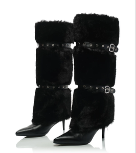 Nouvelles Bottes <span class=keywords><strong>Femme</strong></span> Hiver-Été au-dessus du Genou, Fermeture Éclair, <span class=keywords><strong>Talon</strong></span> Aiguille Super Haut, Dessus en Fourrure Moelleuse, Bout Pointu, Tendance - Product Image 2