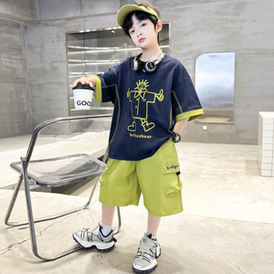 Ensemble de Vêtements pour Garçon Adolescent Été 2026 – T-shirt Imprimé <span class=keywords><strong>Bleu</strong></span> + Short – 2 Pièces Décontracté Grande Taille – 3 Couleurs - Product Image 6
