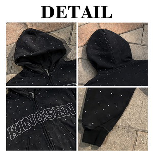 Sweat à capuche zippé pour homme en molleton épais 500 g/m² avec strass intégral style Hip Hop, personnalisable avec logo brodé - Product Image 6