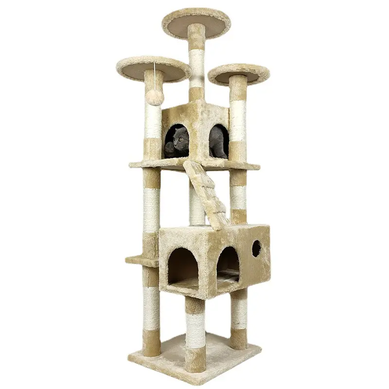 Yüksek kaliteli çoklu Platform peluş Sisal kumaş kedi ağaç evi büyük ahşap kedi ağacı