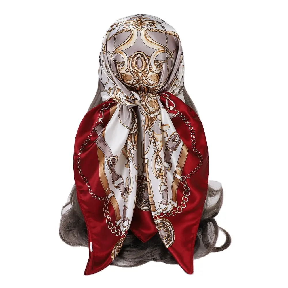 Pañuelo de seda con cabeza impresa digital personalizado, pañuelo de diseñador al por mayor, pañuelo de seda satinada, pañuelos cuadrados estampados para mujer