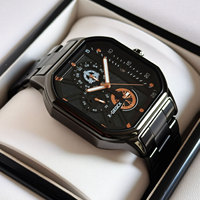 Reloj Cuadrado de Moda para Hombre, Multifunción, Cronógrafo, Movimiento de Cuarzo, Resistente, Luminoso, Tres Agujas, Acero Inoxidable