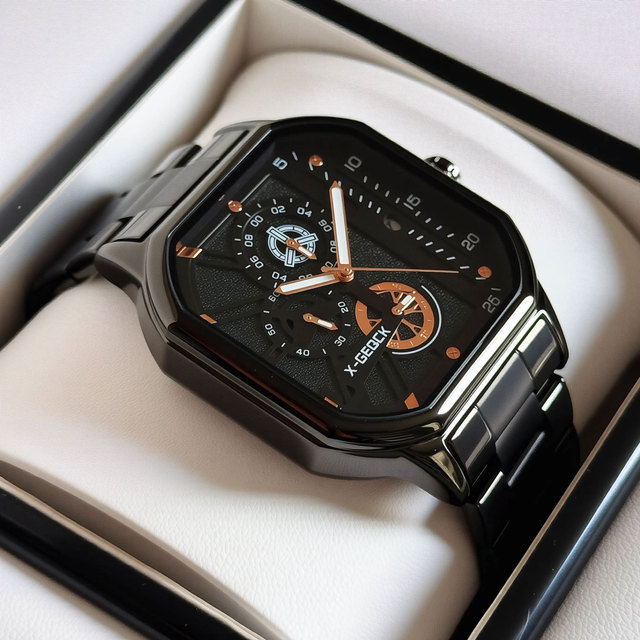 Men's Fashion Square  Watch Multi-function Chronograph Quartz Movement   Resistant Luminous  Three Pin Stainless Steel Watch