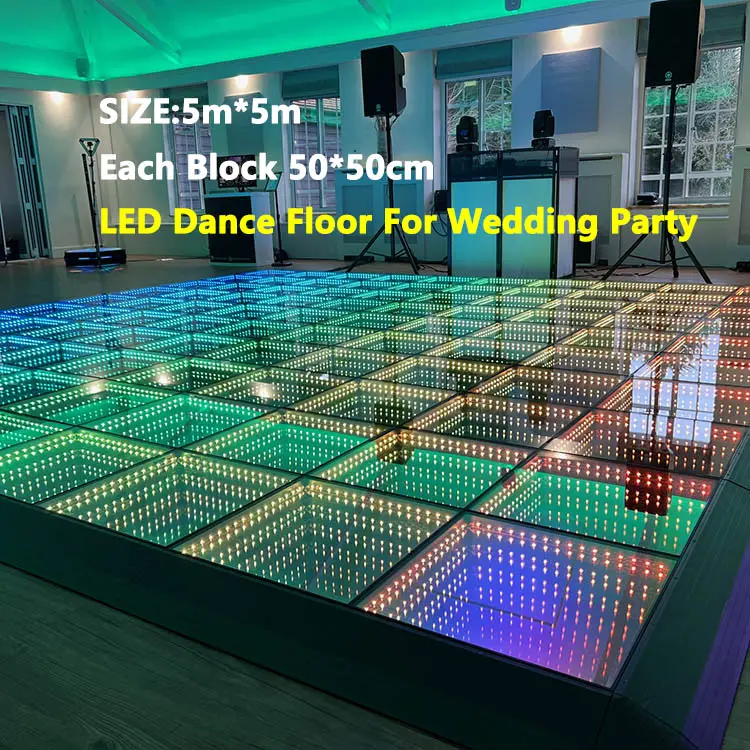인피니티 3D LED 댄스 플로어 RGB 결혼식 및 파티 실내 행사를위한 강화 유리가있는 마그네틱 무대 조명