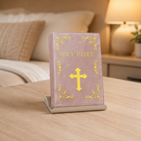 Biblia Sagrada de Cuarzo Rosa Natural con Cruz Dorada Tallada, Cristal Curativo, Decoración Religiosa Cristiana para el Hogar, Regalo