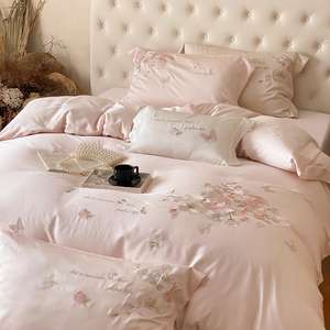Haute qualité 100s longue agrafe coton couverture rose broderie couette couverture ensemble de literie lin - Product Image 3