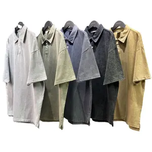Ustom-Camiseta de manga corta con botones para hombre, Polo de algodón 100% con lavado de arena, con solapa y logo pesado