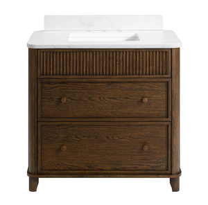 Mueble de Baño de Madera Maciza de Roble Enchapado Personalizado para Hotel, Diseño Acanalado a Rayas, Encimera de Cuarzo, Ecológico, Lavabo Individual Moderno - Product Image 5