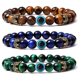 New Handmade Tiger Eye Bracelets Gold Crown Elastic Natural Stone Beads Bracelets Jewelry For Men Women Homme