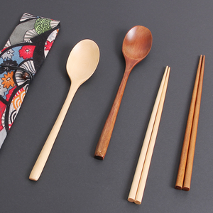 Juego de cuchara y palillos para servir de madera natural japonesa con bolsa de tela <span class=keywords><strong>caqui</strong></span> o negra para comedor en casa o uso de viaje - Product Image 5