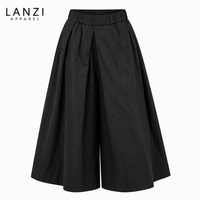 Pantalon Culotte Ample en Coton Slub Noir, Esthétique Zen et Luxe Discret, Plis Mi-Haute Élastiques, Longueur Cheville, Jambes Larges, Personnalisable