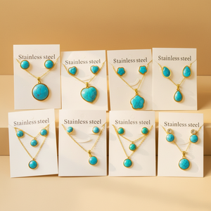 Parure de Bijoux de Mode en Acier Inoxydable Plaqué Or pour Femme, avec Élégant Pendentif Turquoise, Collier et Boucles d'Oreilles - Product Image 1