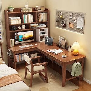 Escritorio esquinero de madera maciza con estantería integrada en forma de 7 para computadora, para el hogar, dormitorio o estudio. - Product Image 3