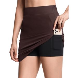 Falda pantalón de golf para mujer, modesta, hasta la rodilla, atlética, para tenis, con pantalones cortos incorporados, 4 bolsillos, marrón, spandex, poliéster, de secado rápido - Product Image 4