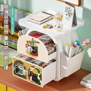 Double <b>Drawer</b> Desktop <b>Storage</b> <b>Box</b> White Cartoon Design Multifunctional Student Stationery Organizer Desk Neatening <b>Storage</b> - Product Image 3