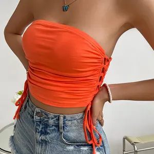 2023 New Sexy Fashion Hot Girl Shows Off The Chest Navel Tube Top Lace-up Vest Sexy Tight Short Top
