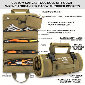 Custom Canvas <b>Tool</b> <b>Roll</b> Up Pouch Wrench Organizer Bag with Zipper Pockets - Product Image 2