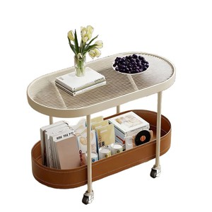 Mesa de Centro Ovalada con Cesta de Almacenamiento de Cuero, Mesa Auxiliar Móvil con Ruedas para Sala de Estar - Product Image 5