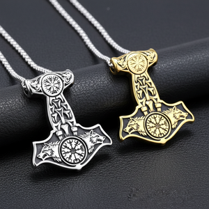 Collier personnalisé en acier inoxydable pour homme, avec pendentifs marteau de Viking Mjolnir, boussole Vegvisir, loup, nœud celtique, cadeau nordique - Product Image 1