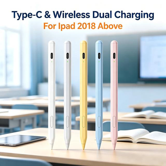 USB-C Wireless Charging Active Stylus Pencil for iPad 2018 Above with LED Power Display Palm Rejection Tilt Sensitivity Plastic
