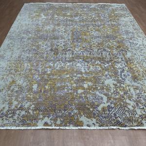 8x10 Ft Hand Knotted Silk Abstract Vintage Area Rug for Luxury Room & Bedroom Ivory Gold & Lavender - Product Image 5