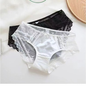 Wholesale Solid <strong>Panties</strong> Shiny Satin Nylon Front Sheer Mesh With <strong>Tiny</strong> Bow Print Scalloped Lace Trim Low Rise Women Underwear - Product Image 3