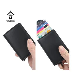 رجال الأعمال بو الجلود السوداء المنبثقة معدنية ضئيلة الذكية محفظة بشريحة Rfid حامل بطاقات صغير الألومنيوم