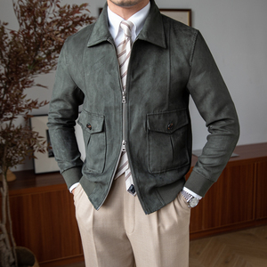 Homemade Italian <strong>Fleece</strong> <strong>Jacket</strong> Men Casual Short Coat British Suede Autumn Winter Trendy Rabbit <strong>Lined</strong> Coffee Back - Product Image 3