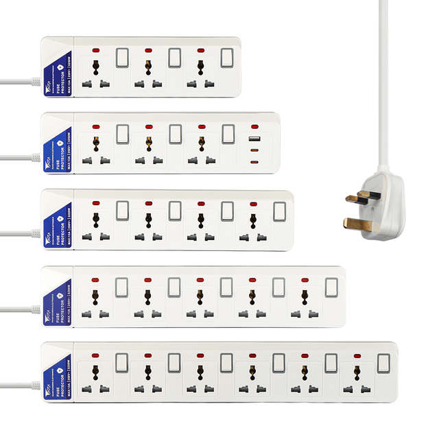 AOTA CE Certified 13A 250V Universal Socket Power Strip 5-Outlet USB-C 3m Cable for Middle East Southeast Asia Home Office