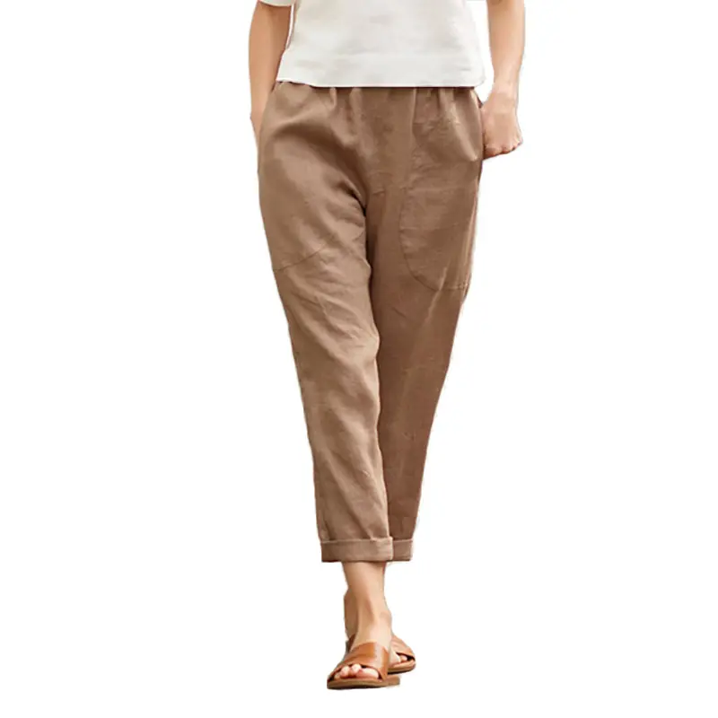 European and American women's large pockets comfortable cotton and linen pants casual pants straight trousers women AG1830