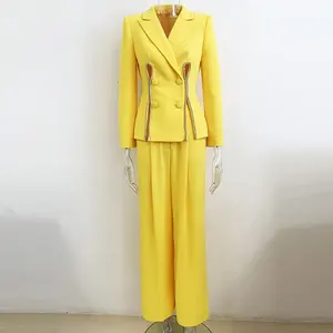 Bouton décoration printemps nouvelle veste jaune Blazer pantalon à jambes larges deux pièces élégant femmes costumes formels ensemble bureau dame tenues - Product Image 3