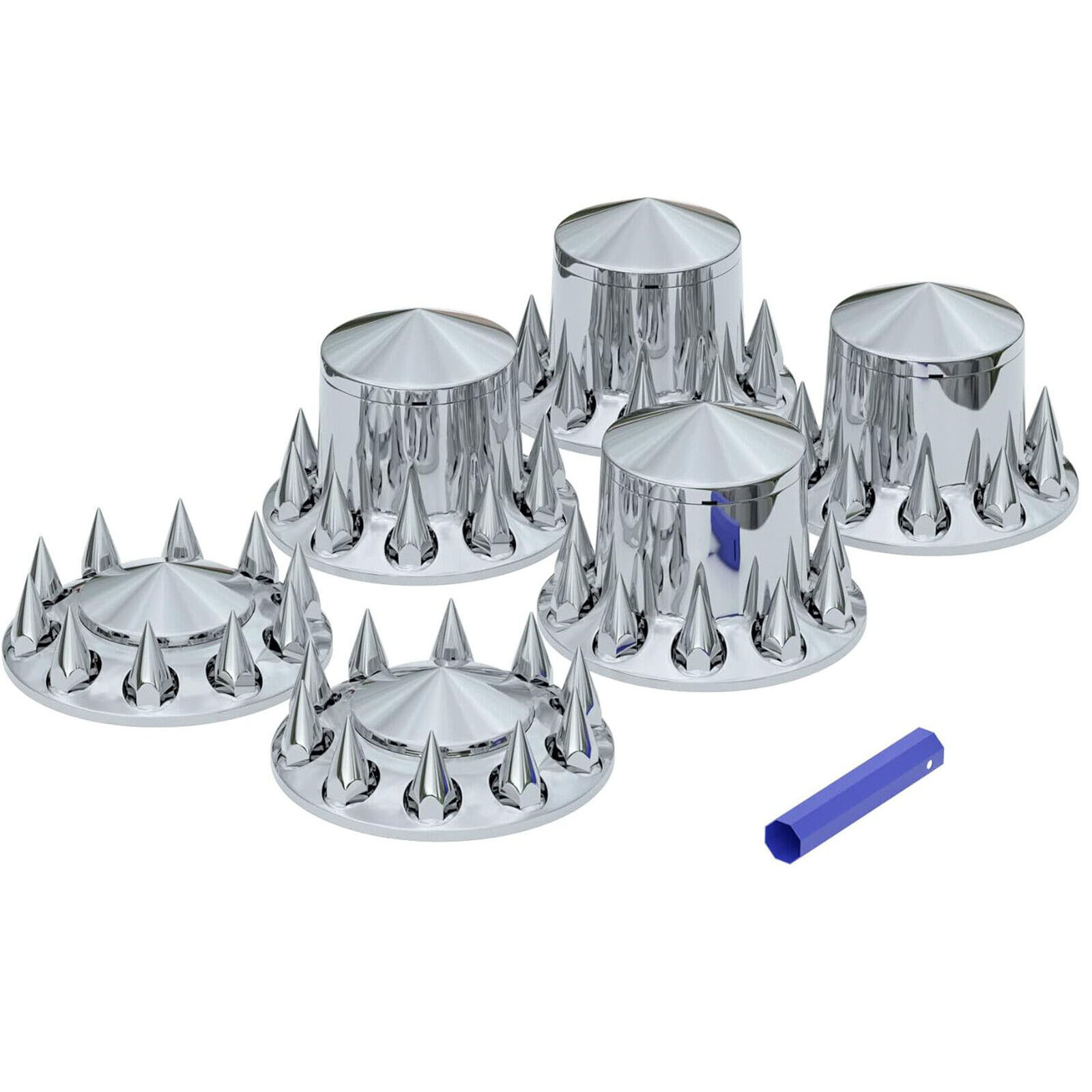 JIUXI Chrome Hub Cover Kit For Semi Trucks - 33mm Lug Front/Rear, 6-Axle Set With Nut Covers & Tool