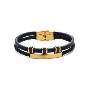 Custom 316l Stainless Steel <b>Men</b> Bracelet Engrave 14k 18k Gold Plated Fashion Multi-layer Leather Braided Bracelet for <b>Men</b> - Product Image 5