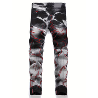 Jeans droits pour hommes en denim extensible, délavé fumé, effet vieilli, avec broderie zigzag rouge, vente en gros, OEM personnalisé