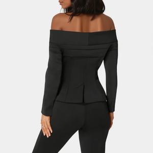 Cárdigan de Mujer a la Moda, Personalizado OEM, con Botones, Hombros Descubiertos, Manga Larga, Blazer con Cuello en V Profundo - Product Image 3