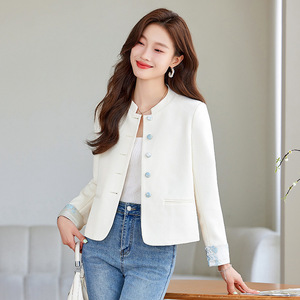 Women's White Chinese Style Blazer Short Jacket Spring 2025 Solid Color Polyester Fabric - Product Image 4